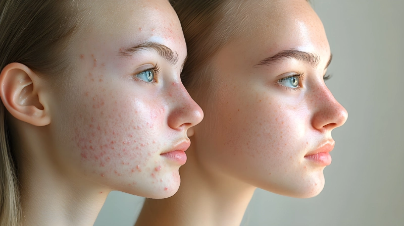Close-up of young face showing acne and clear skin transformation in Niceville, FL | Blissful Beauty Bar
