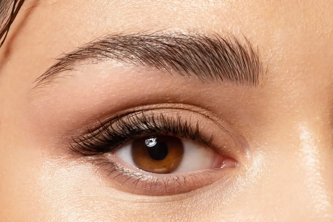 Close-up of a brown eye with defined lashes and brows in Niceville, FL | Blissful Beauty Bar