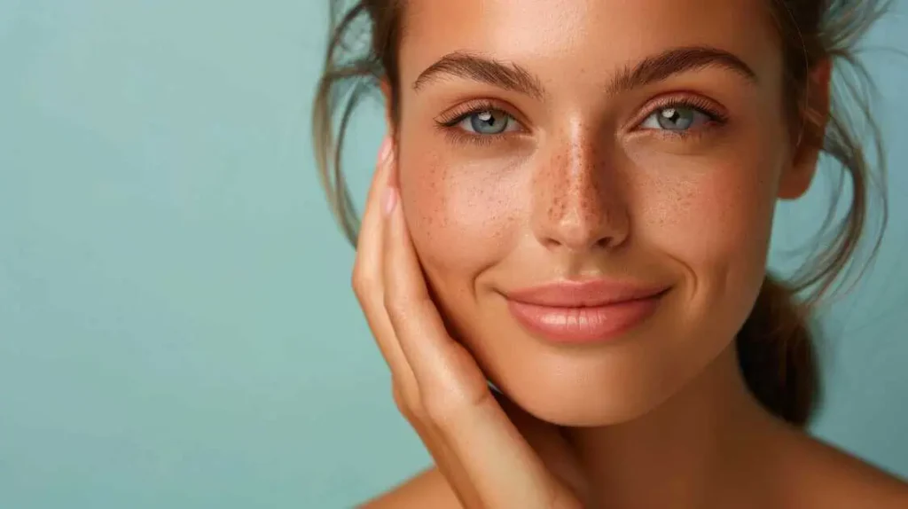 Woman gently touching her face with a relaxed expression in Niceville, FL | Blissful Beauty Bar