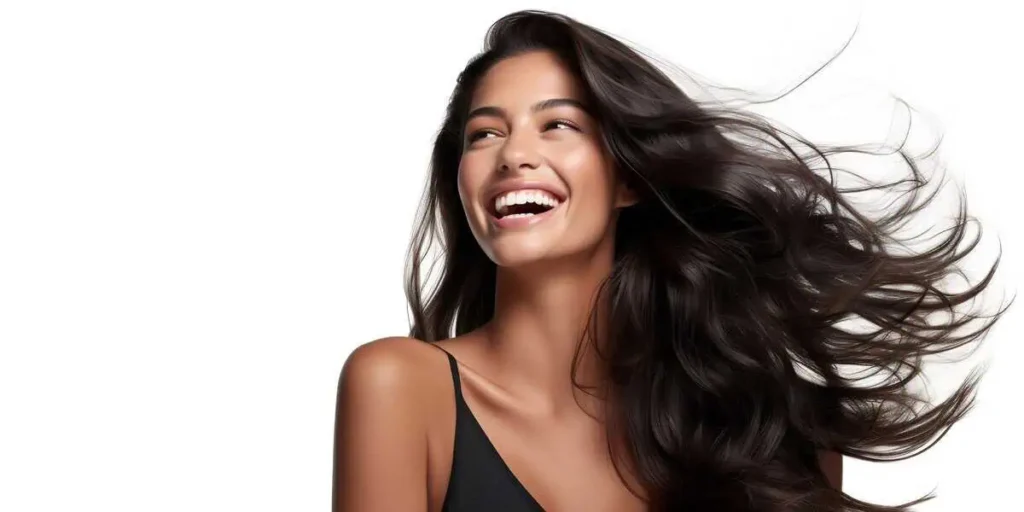 Smiling model with glowing healthy hair in Niceville, FL | Blissful Beauty Bar
